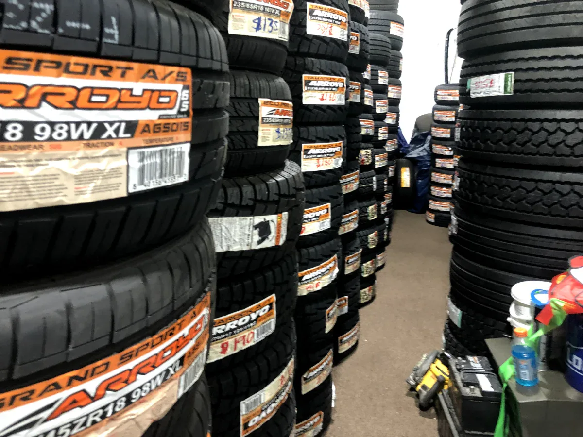 Arroyo tire rows at Edwin Tire Shop in Brentwood MD Rows of Arroyo tires in Edwin Tire Shop inventory