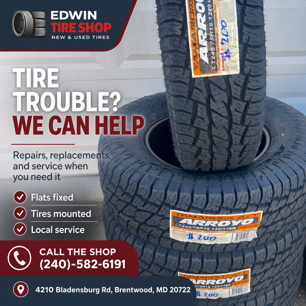 Stack of tires with Edwin Tire Shop branding and overlay listing repairs, mounting services, and shop contact details.