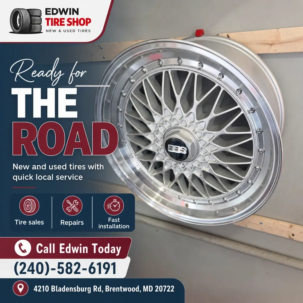 Social post showing a polished alloy wheel mounted on a shop wall with Edwin Tire Shop logo and contact info