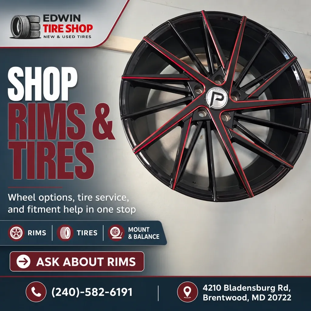 Black and red multi-spoke rim displayed beside Edwin Tire Shop graphic advertising rims, mounting, and tire service.