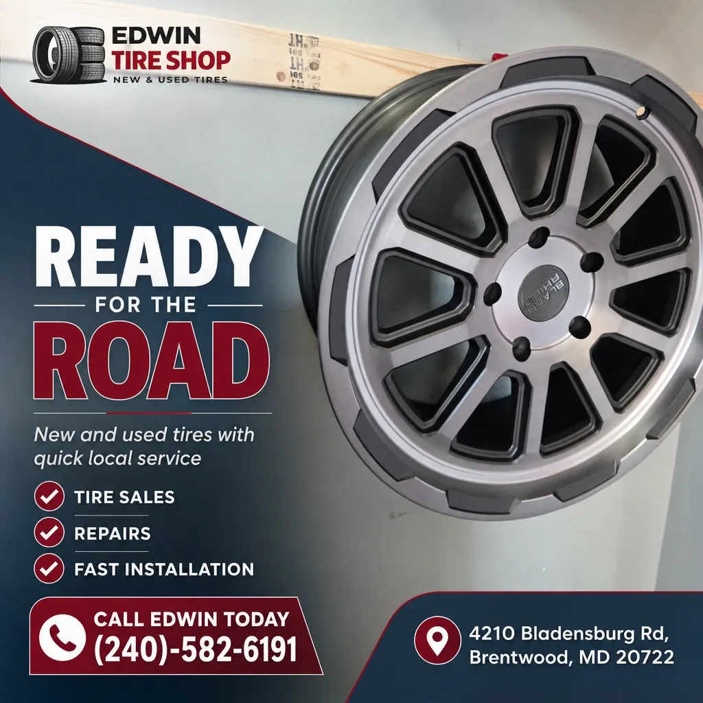 Promotional social post showing a wheel rim, Edwin Tire Shop logo, services (sales, repairs, fast installation) and Brentwood, MD contact info.
