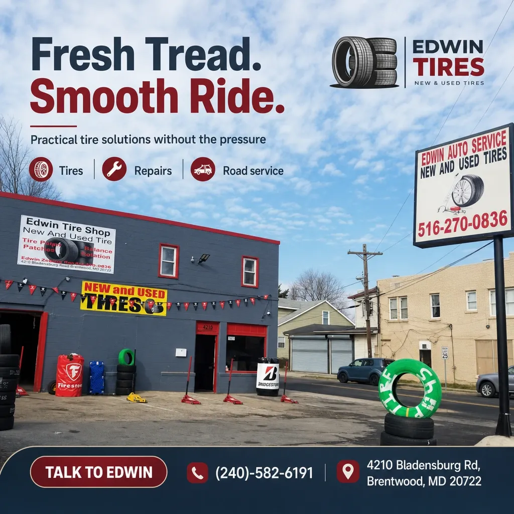 Exterior of Edwin Tires shop with stacked tires, service signage, and a blue-gray building under a partly cloudy sky.
