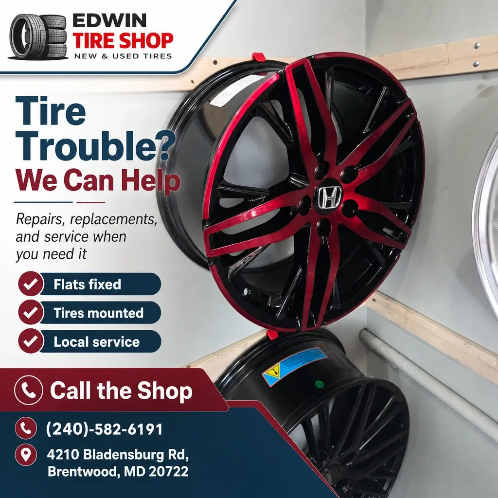 Edwin Tire Shop social post with red-black alloy rims and text offering tire repairs, mounting, and local service.