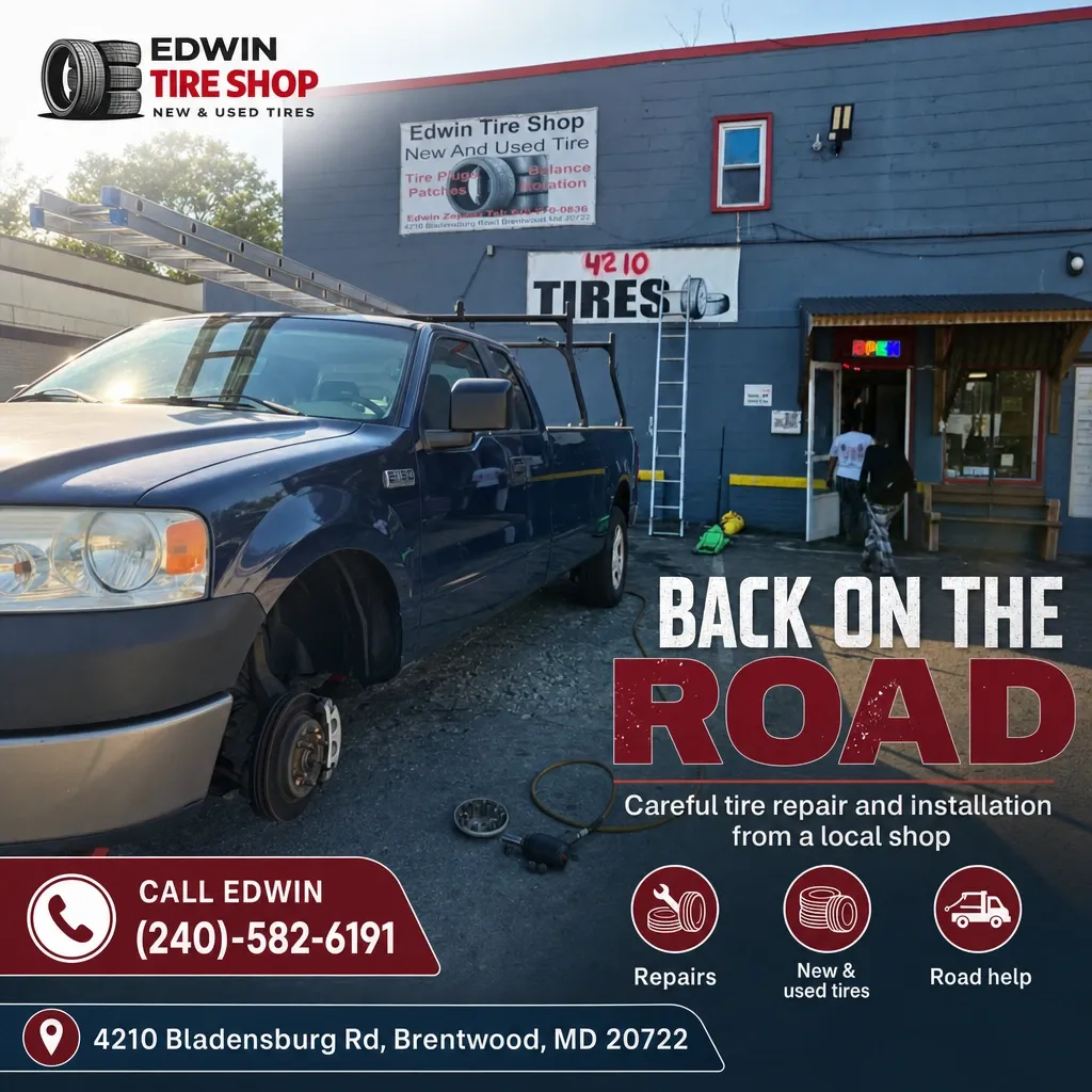 Blue pickup with front wheel removed outside Edwin Tire Shop storefront, technician at entrance and tire tools on the ground.