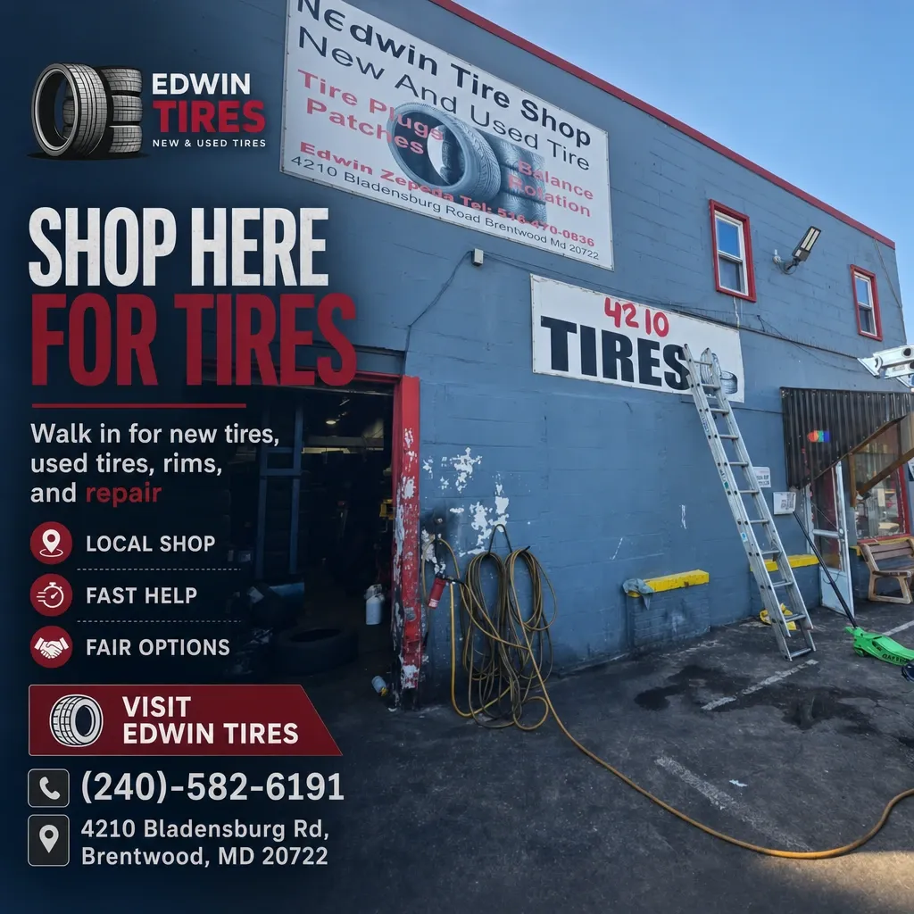 Exterior of Edwin Tires shop: blue building with open garage, ladder and coiled hoses, 'TIRES' sign and promotional overlay.