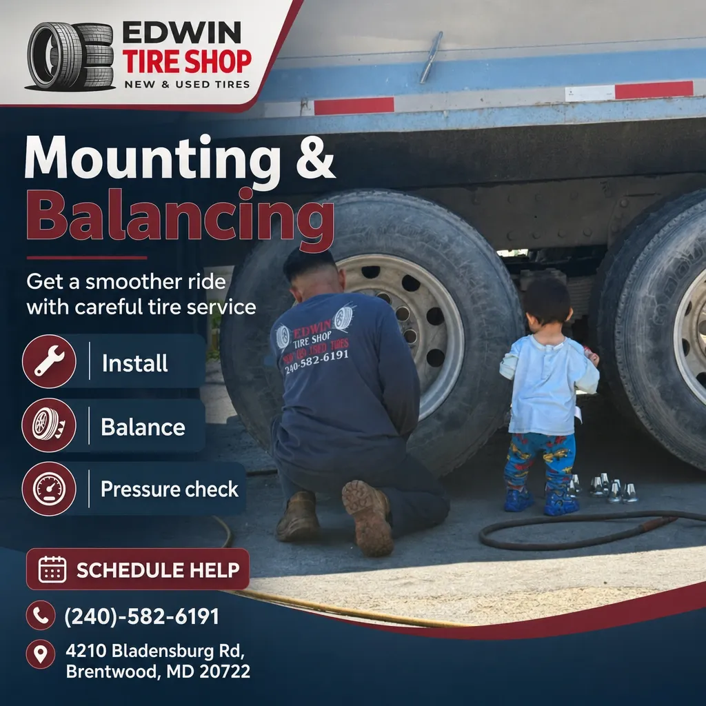 Mechanic kneeling to mount and balance a truck tire while a small child watches, with wheel nuts and an air hose nearby.