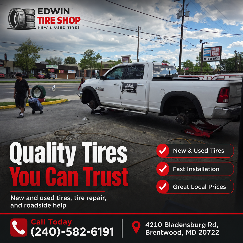 Shop exterior with a white pickup on jacks and wheels removed, technicians nearby and promotional 'Quality Tires You Can Trust' text.