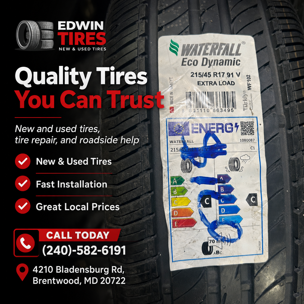 Edwin Tires social post: close-up tire with label, service highlights, phone number, and Brentwood, MD address