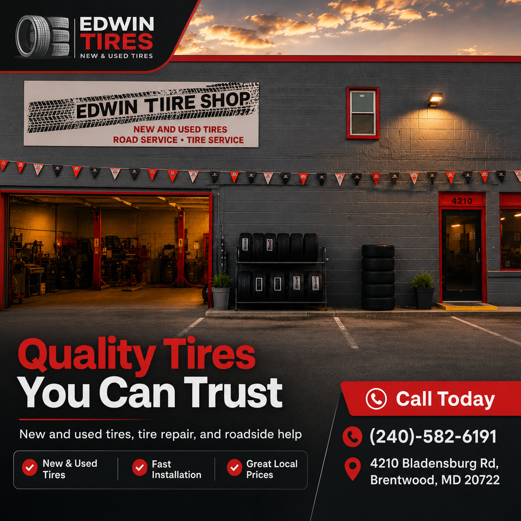 Edwin Tire Shop storefront at dusk with open service bay, stacked tires, and 'Call Today' signage.