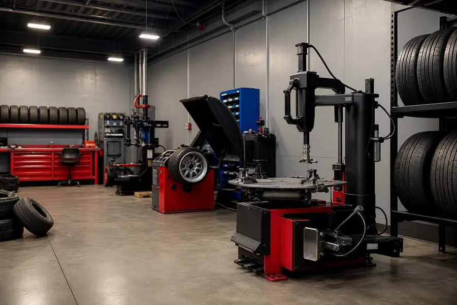 Flat tire repair service bay at Edwin Tire Shop in Brentwood MD