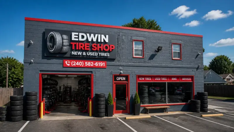 Updated Edwin Tire Shop storefront with red trim and tire service bays